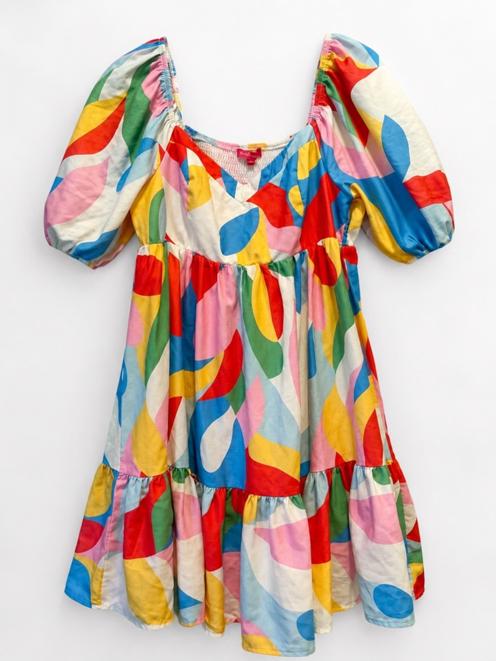 Flying Tomato Colorful Abstract Puff Sleeve Tiered Mini Dress L